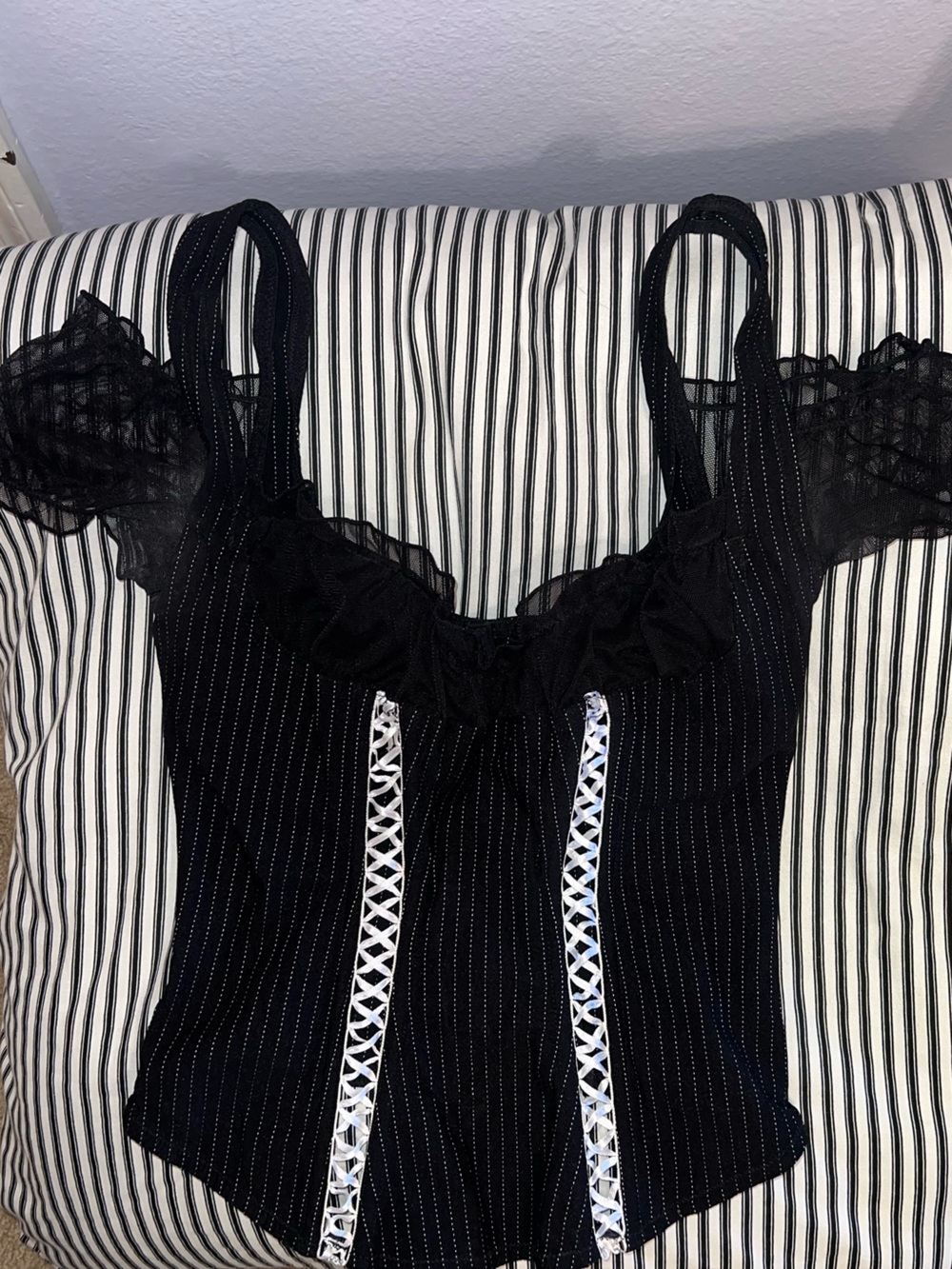 Vintage Frederick's of Hollywood Black Corset with White Pin Stripes